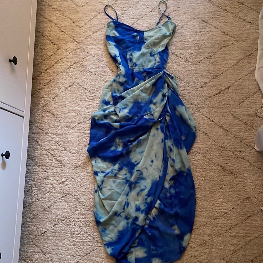 Blue tie Dye Print Satin Ruched Skirt Corset MIDI